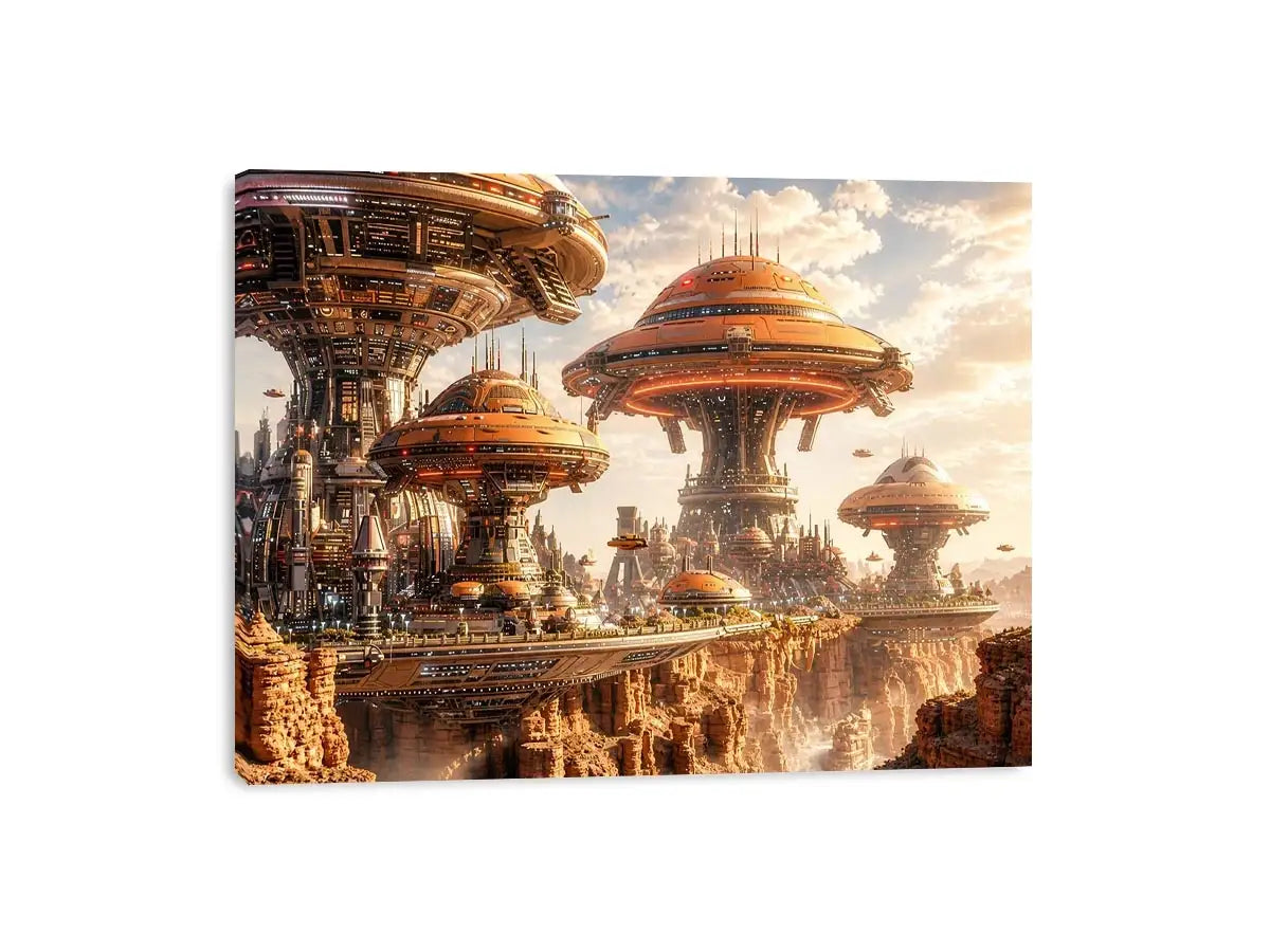 Futuristic sci fi cityscape wall art with glowing architecture and warm neutral tones for modern luxury interiors