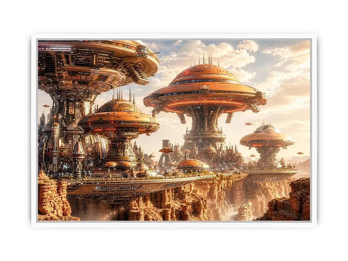 Futuristic sci fi cityscape wall art with glowing architecture and warm neutral tones for modern luxury interiors