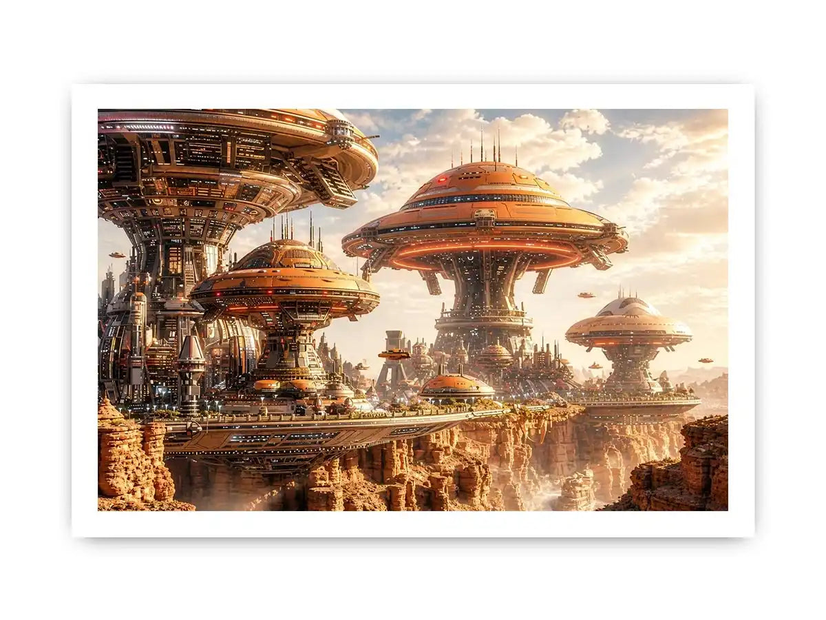 Futuristic sci fi cityscape wall art with glowing architecture and warm neutral tones for modern luxury interiors