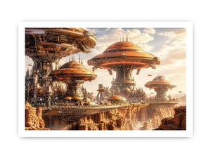 Futuristic sci fi cityscape wall art with glowing architecture and warm neutral tones for modern luxury interiors