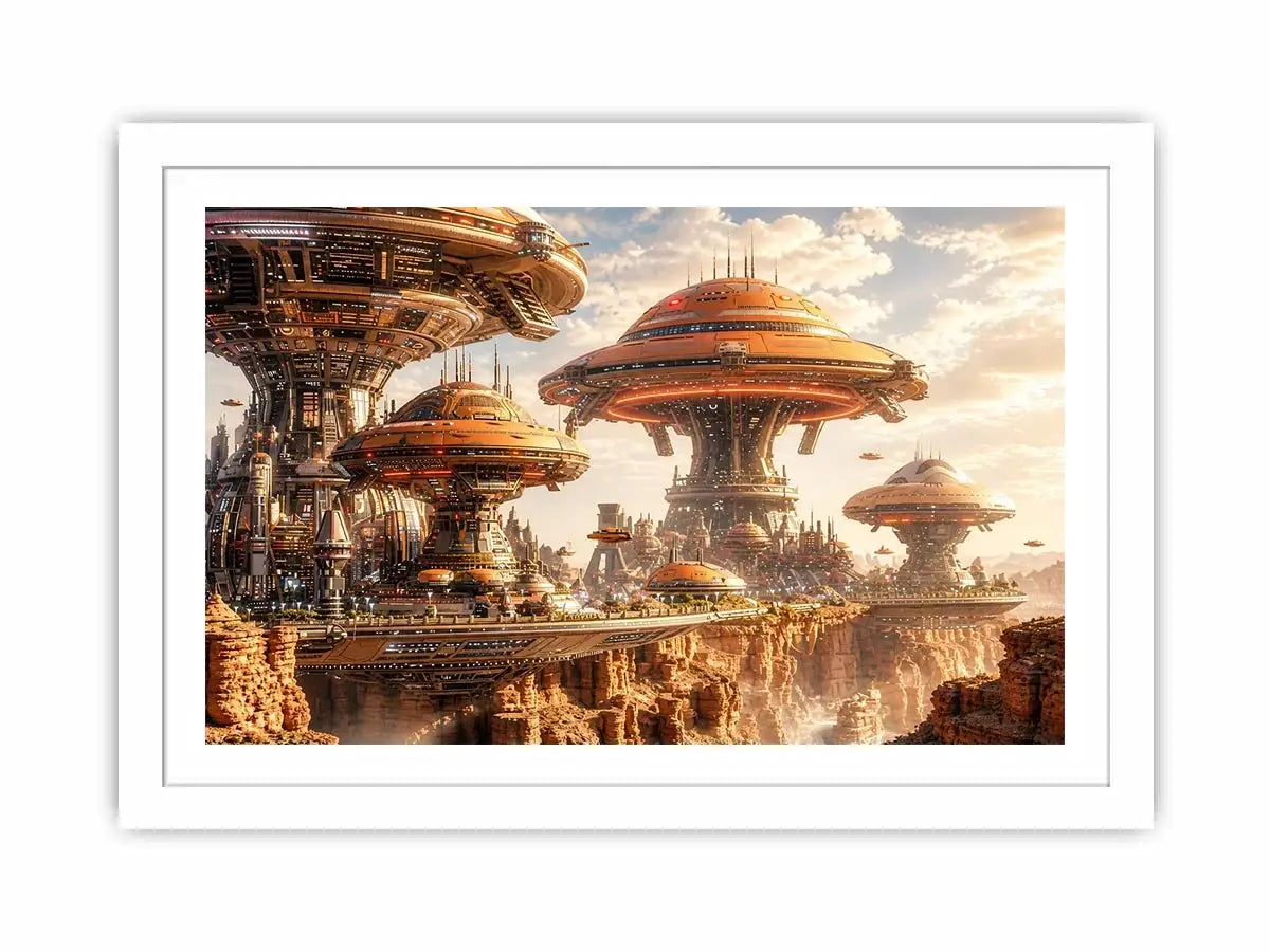 Futuristic sci fi cityscape wall art with glowing architecture and warm neutral tones for modern luxury interiors