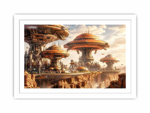 Futuristic sci fi cityscape wall art with glowing architecture and warm neutral tones for modern luxury interiors