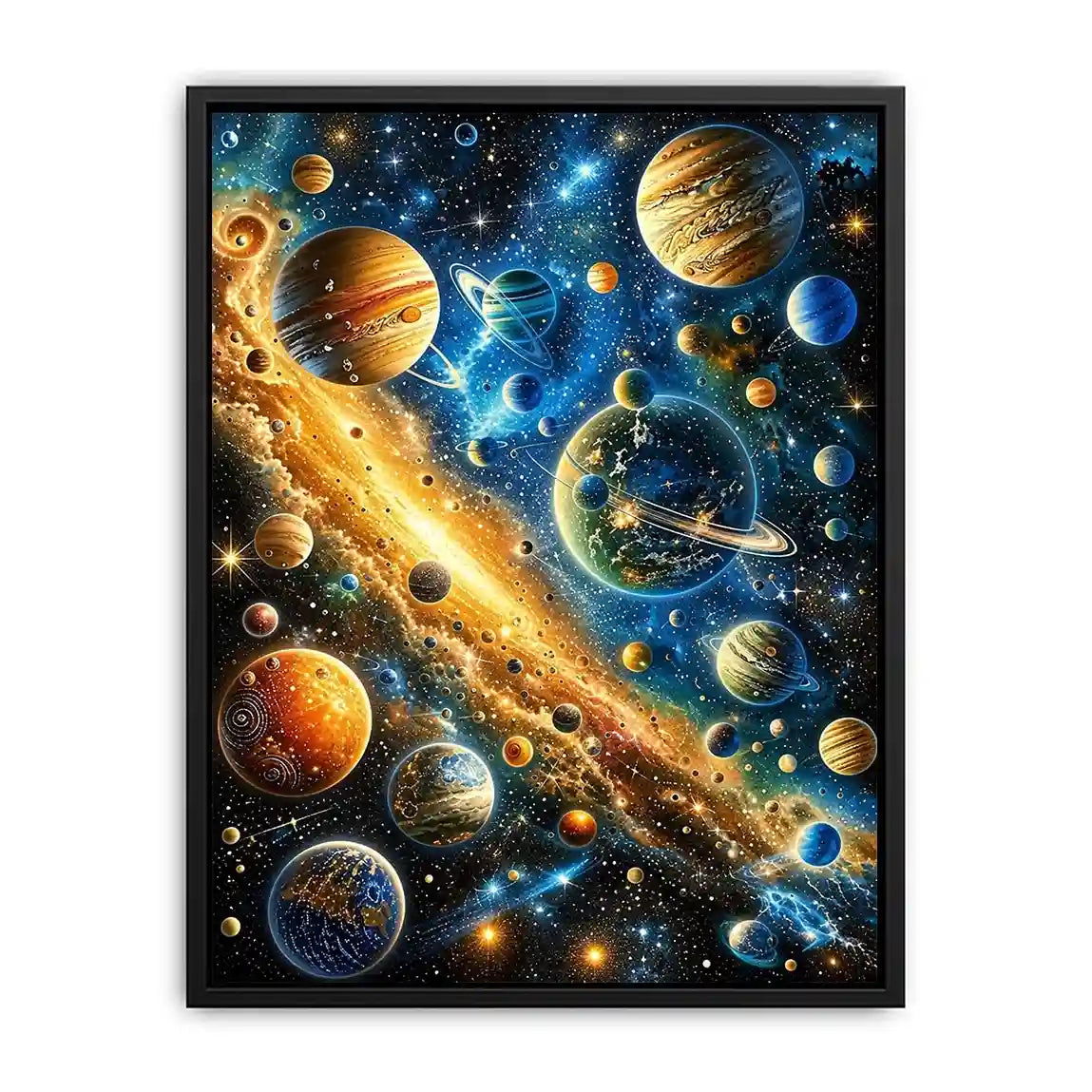 Colorful cosmic galaxy wall art with glowing planets and stars in blue and gold tones for modern luxury interiors