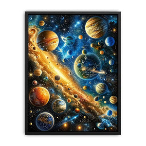 Colorful cosmic galaxy wall art with glowing planets and stars in blue and gold tones for modern luxury interiors