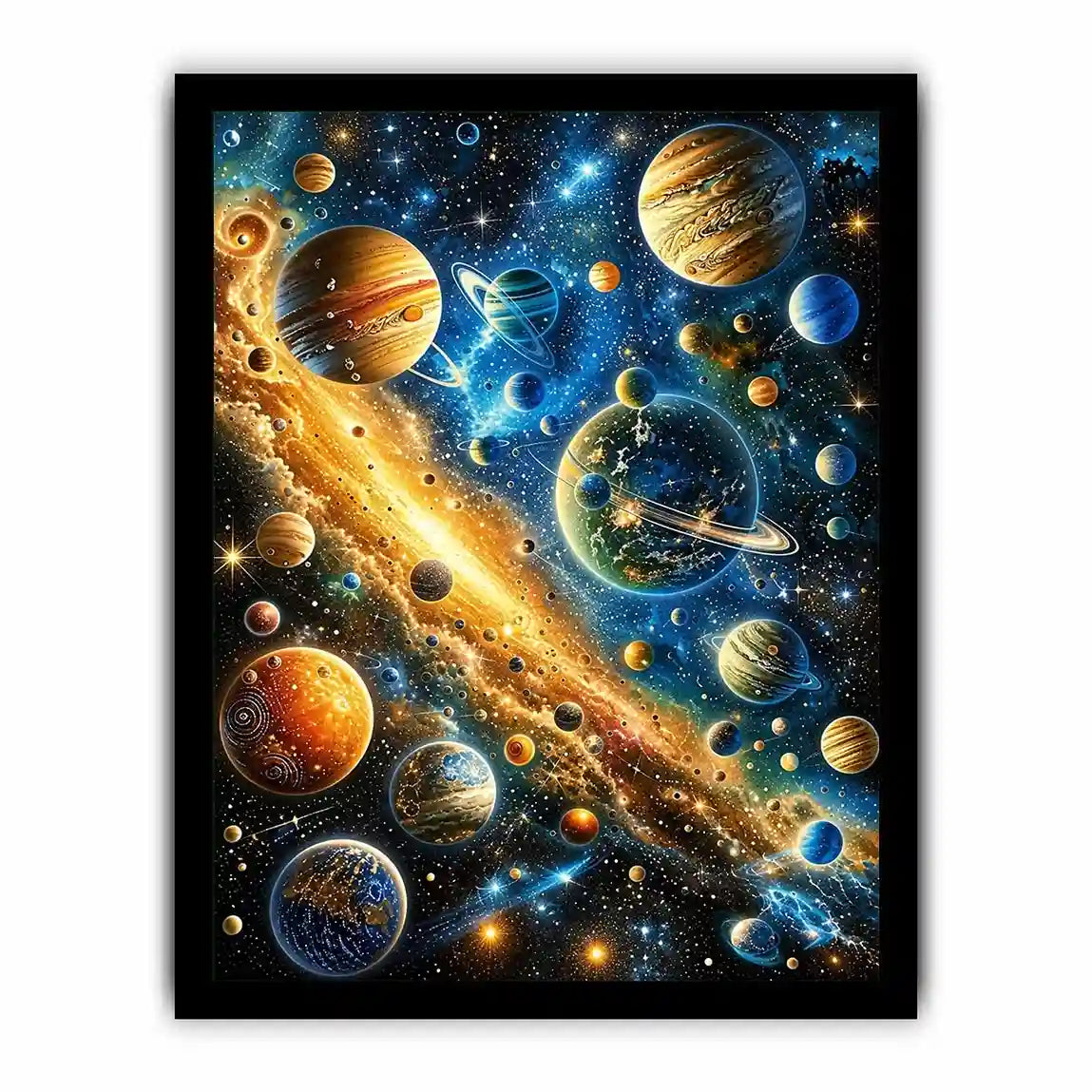 Colorful cosmic galaxy wall art with glowing planets and stars in blue and gold tones for modern luxury interiors