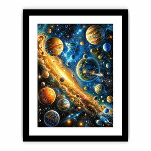 Colorful cosmic galaxy wall art with glowing planets and stars in blue and gold tones for modern luxury interiors