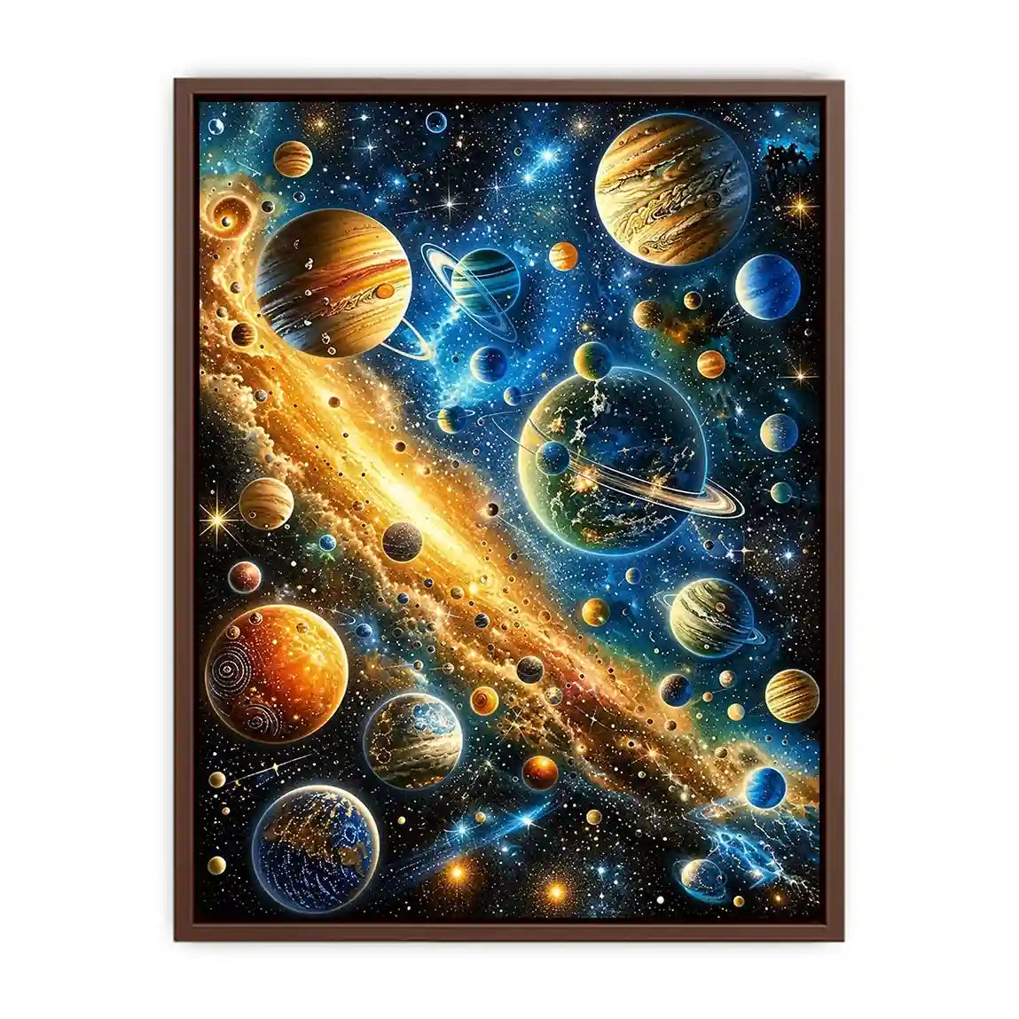 Colorful cosmic galaxy wall art with glowing planets and stars in blue and gold tones for modern luxury interiors