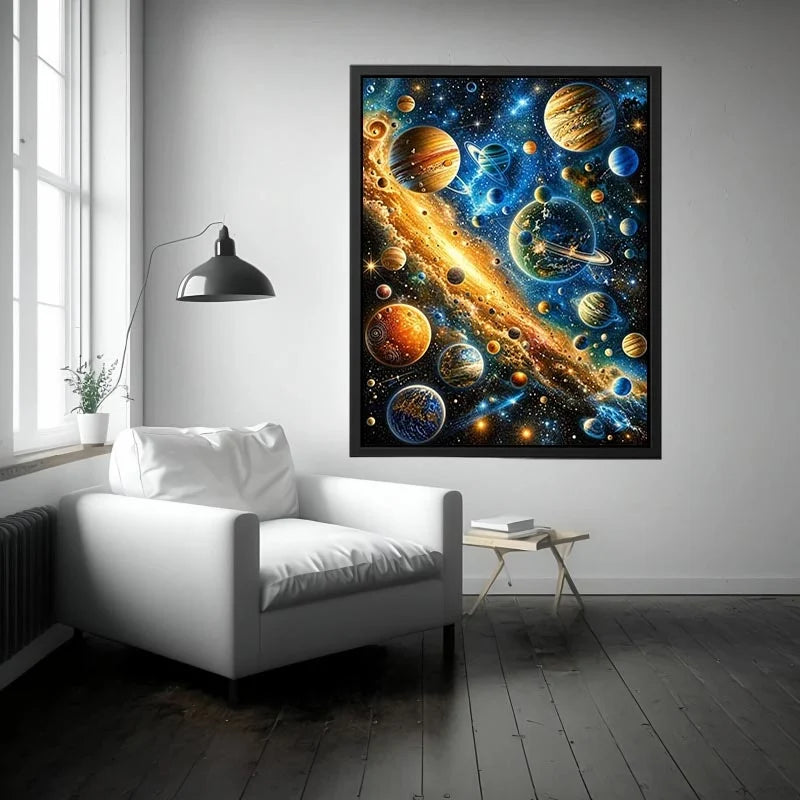 Colorful cosmic galaxy wall art with glowing planets and stars in blue and gold tones for modern luxury interiors