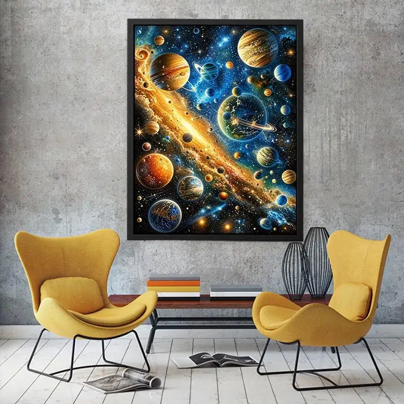 Colorful cosmic galaxy wall art with glowing planets and stars in blue and gold tones for modern luxury interiors