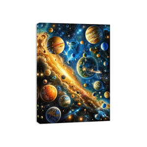 Colorful cosmic galaxy wall art with glowing planets and stars in blue and gold tones for modern luxury interiors