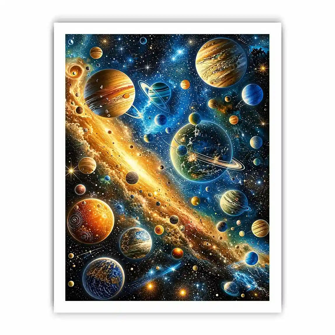 Colorful cosmic galaxy wall art with glowing planets and stars in blue and gold tones for modern luxury interiors