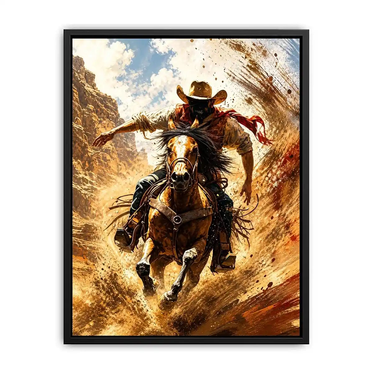 Western cowboy riding horse wall art with dynamic motion and earthy tones for rustic modern home decor