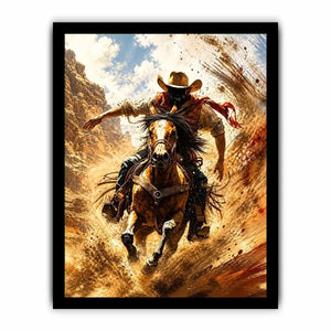 Western cowboy riding horse wall art with dynamic motion and earthy tones for rustic modern home decor