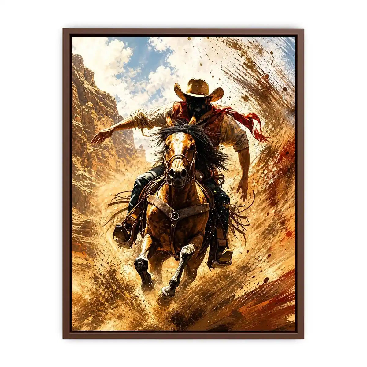 Western cowboy riding horse wall art with dynamic motion and earthy tones for rustic modern home decor
