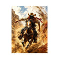 Western cowboy riding horse wall art with dynamic motion and earthy tones for rustic modern home decor