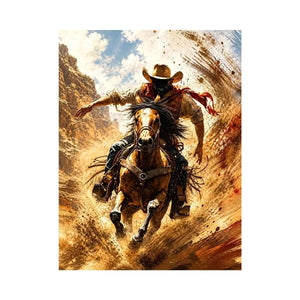Western cowboy riding horse wall art with dynamic motion and earthy tones for rustic modern home decor