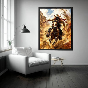 Western cowboy riding horse wall art with dynamic motion and earthy tones for rustic modern home decor