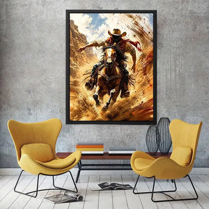 Western cowboy riding horse wall art with dynamic motion and earthy tones for rustic modern home decor