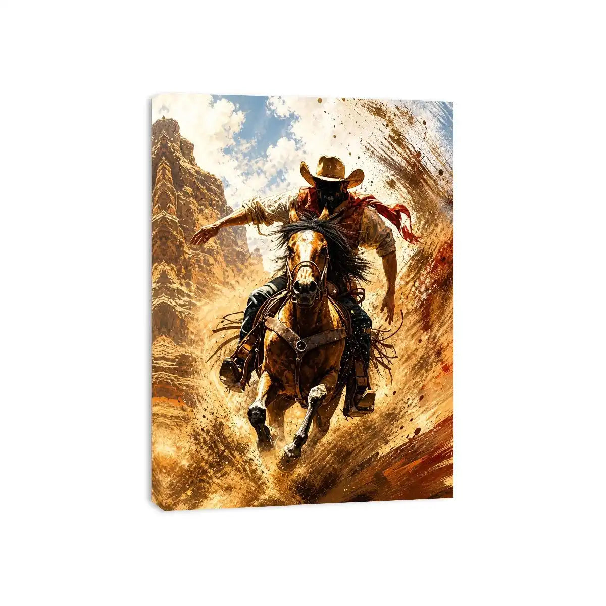 Western cowboy riding horse wall art with dynamic motion and earthy tones for rustic modern home decor
