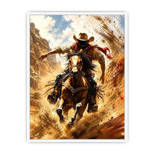 Western cowboy riding horse wall art with dynamic motion and earthy tones for rustic modern home decor