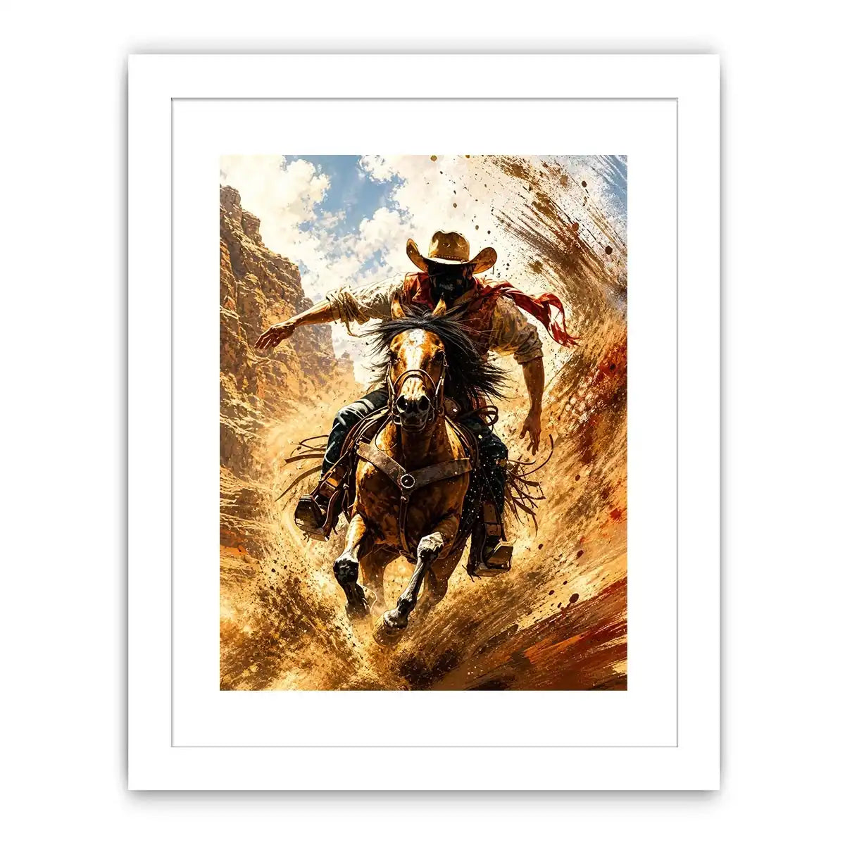 Western cowboy riding horse wall art with dynamic motion and earthy tones for rustic modern home decor
