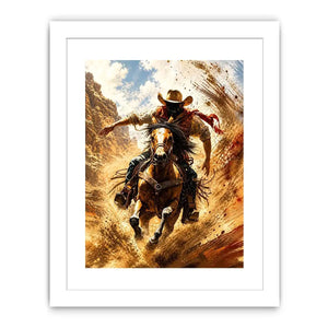 Western cowboy riding horse wall art with dynamic motion and earthy tones for rustic modern home decor
