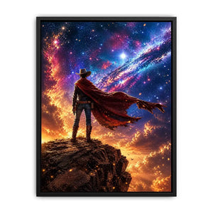 Cosmic cowboy standing on cliff under galaxy sky wall art with vibrant blue and orange tones for modern luxury interiors