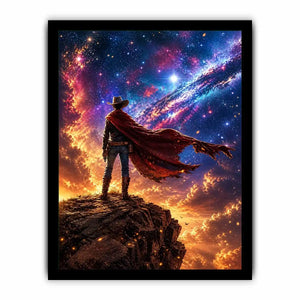 Cosmic cowboy standing on cliff under galaxy sky wall art with vibrant blue and orange tones for modern luxury interiors