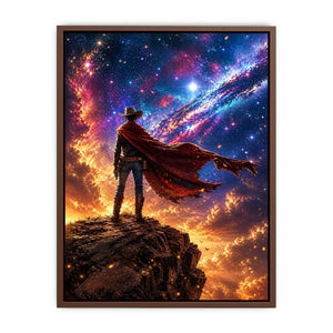 Cosmic cowboy standing on cliff under galaxy sky wall art with vibrant blue and orange tones for modern luxury interiors