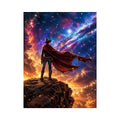 Cosmic cowboy standing on cliff under galaxy sky wall art with vibrant blue and orange tones for modern luxury interiors