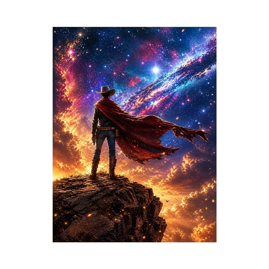 Cosmic cowboy standing on cliff under galaxy sky wall art with vibrant blue and orange tones for modern luxury interiors
