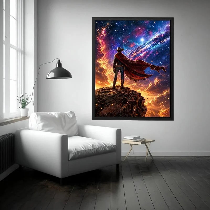 Cosmic cowboy standing on cliff under galaxy sky wall art with vibrant blue and orange tones for modern luxury interiors