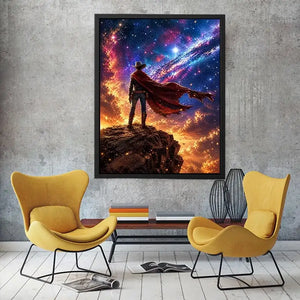 Cosmic cowboy standing on cliff under galaxy sky wall art with vibrant blue and orange tones for modern luxury interiors