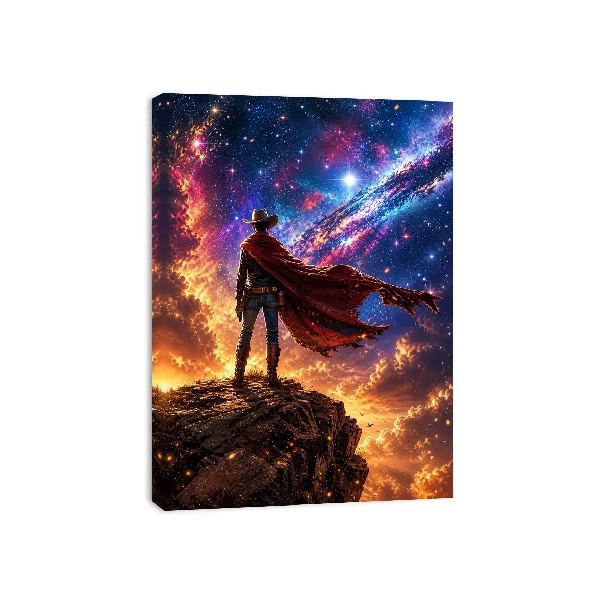 Cosmic cowboy standing on cliff under galaxy sky wall art with vibrant blue and orange tones for modern luxury interiors