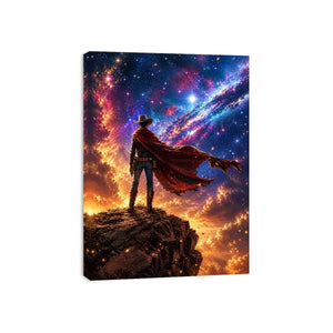 Cosmic cowboy standing on cliff under galaxy sky wall art with vibrant blue and orange tones for modern luxury interiors