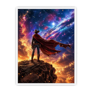 Cosmic cowboy standing on cliff under galaxy sky wall art with vibrant blue and orange tones for modern luxury interiors