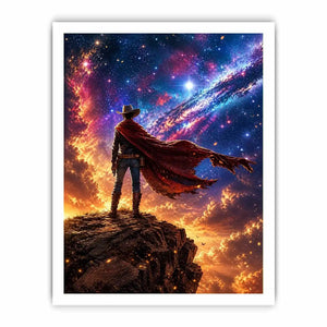 Cosmic cowboy standing on cliff under galaxy sky wall art with vibrant blue and orange tones for modern luxury interiors