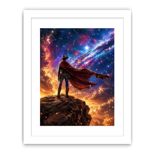 Cosmic cowboy standing on cliff under galaxy sky wall art with vibrant blue and orange tones for modern luxury interiors