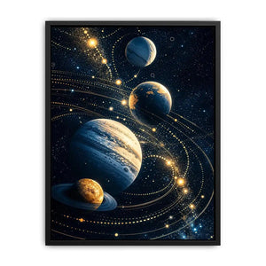Minimalist space planets wall art with golden orbit lines and deep blue background for modern luxury interiors