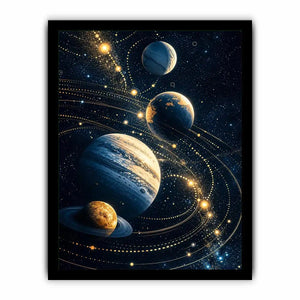 Minimalist space planets wall art with golden orbit lines and deep blue background for modern luxury interiors