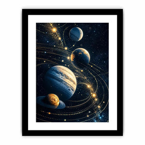 Minimalist space planets wall art with golden orbit lines and deep blue background for modern luxury interiors