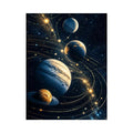 Minimalist space planets wall art with golden orbit lines and deep blue background for modern luxury interiors