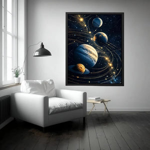Minimalist space planets wall art with golden orbit lines and deep blue background for modern luxury interiors