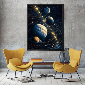 Minimalist space planets wall art with golden orbit lines and deep blue background for modern luxury interiors