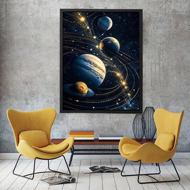 Minimalist space planets wall art with golden orbit lines and deep blue background for modern luxury interiors