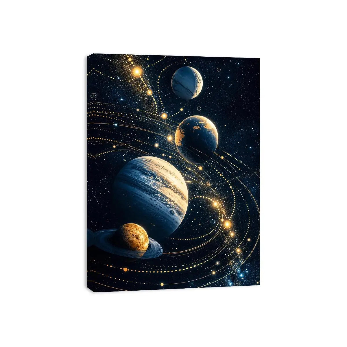 Minimalist space planets wall art with golden orbit lines and deep blue background for modern luxury interiors