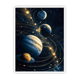 Minimalist space planets wall art with golden orbit lines and deep blue background for modern luxury interiors