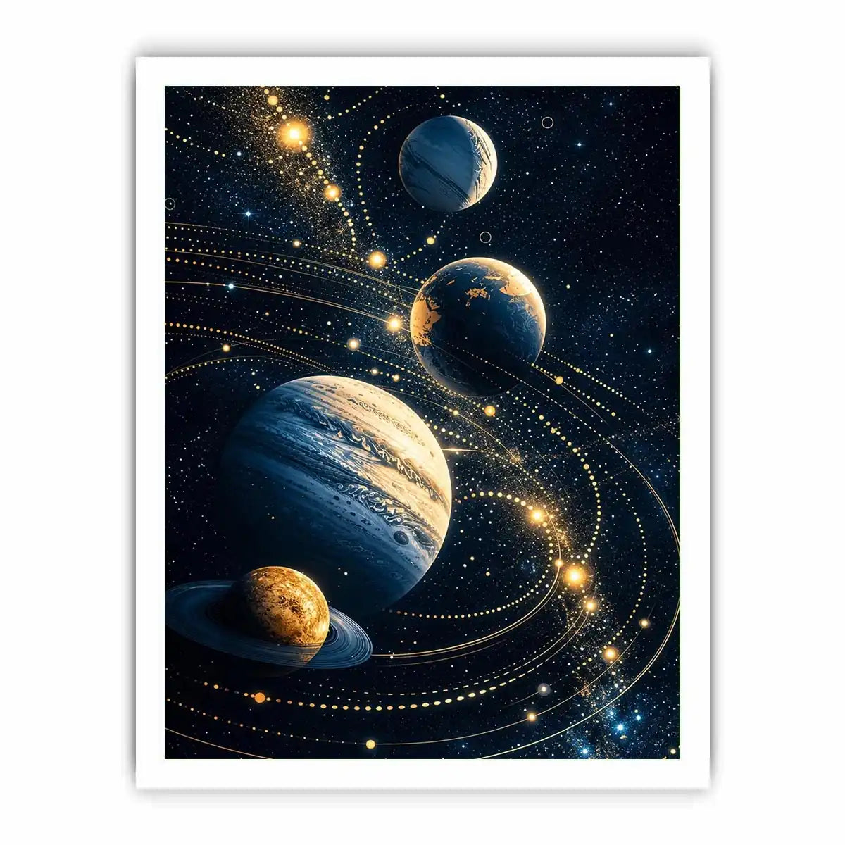 Minimalist space planets wall art with golden orbit lines and deep blue background for modern luxury interiors