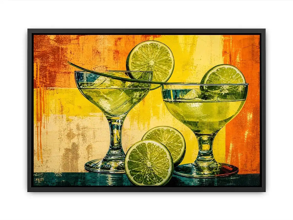 Colorful lime cocktails in martini glasses with citrus slices on vibrant abstract background