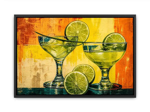 Colorful lime cocktails in martini glasses with citrus slices on vibrant abstract background